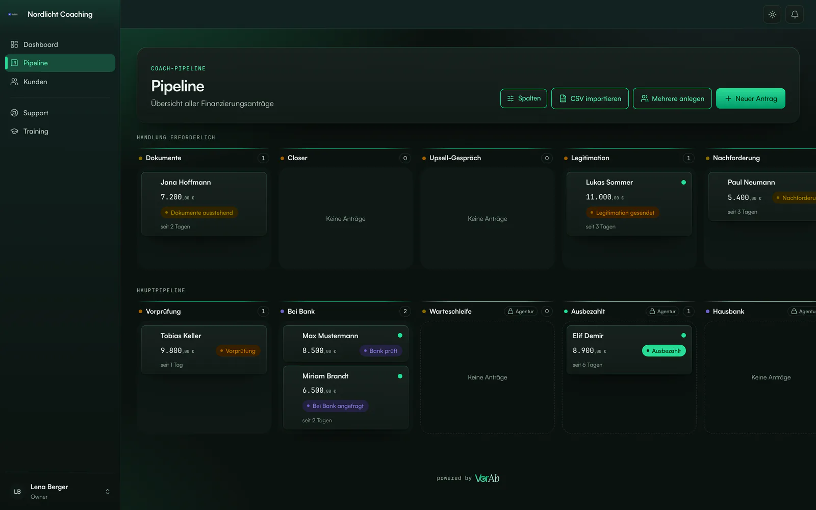 Pipeline der App: Anträge als Karten in Spalten nach ihrem Stand.